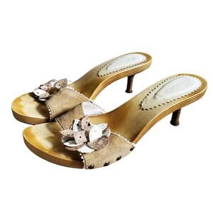 Aldo Euro Wooden Kitten Heels Leather Rhinestone Flower Mules Kitten Heels - 37